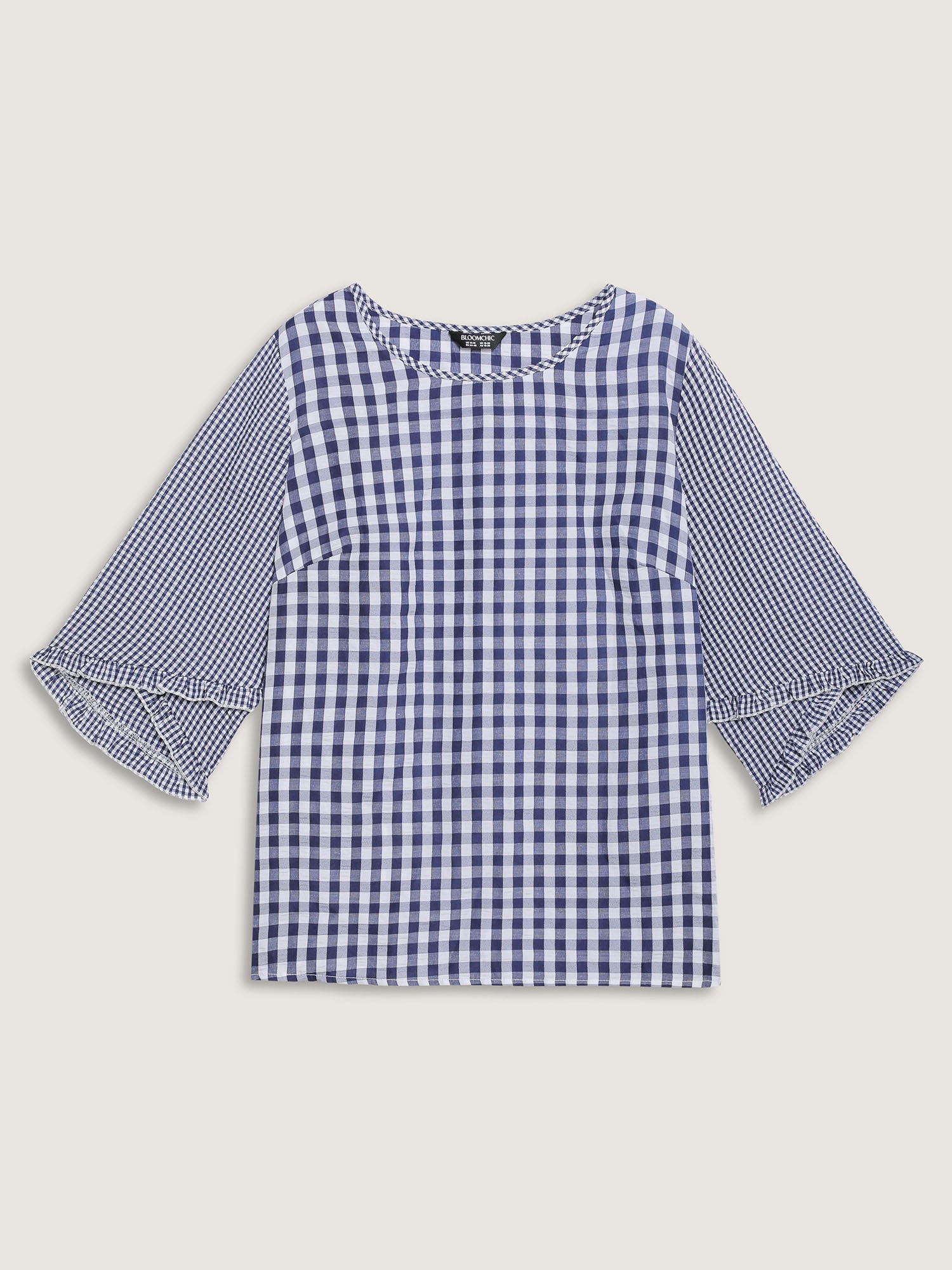 Checkered Print Flared Overlap Sleeve Blouse