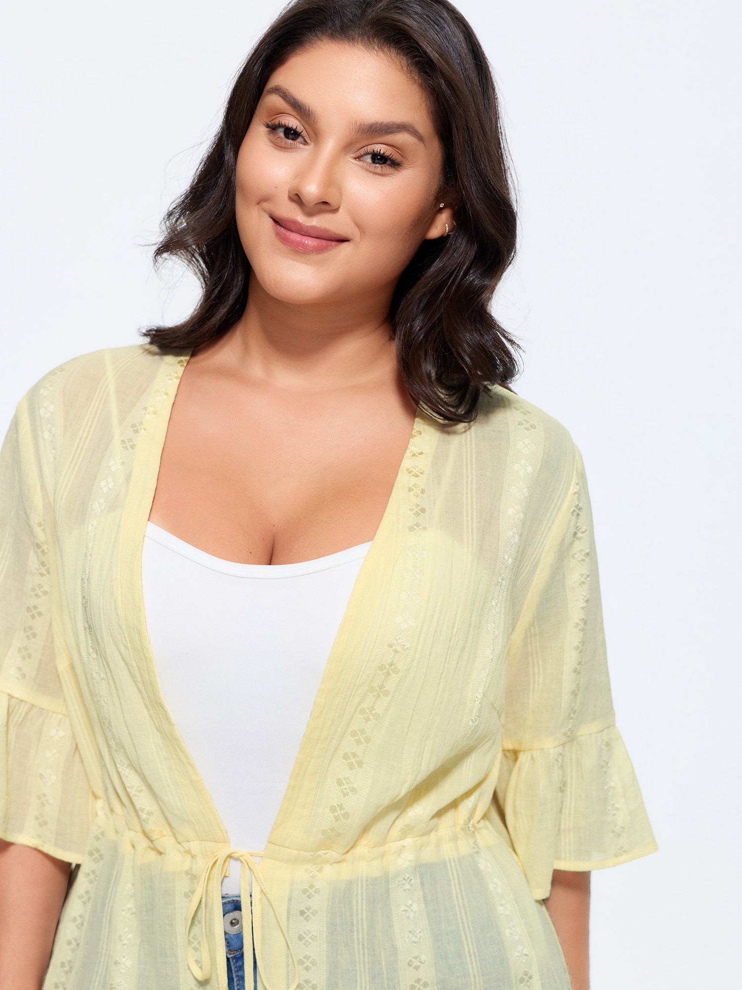 Textured Sheer Front-Tie Kimono