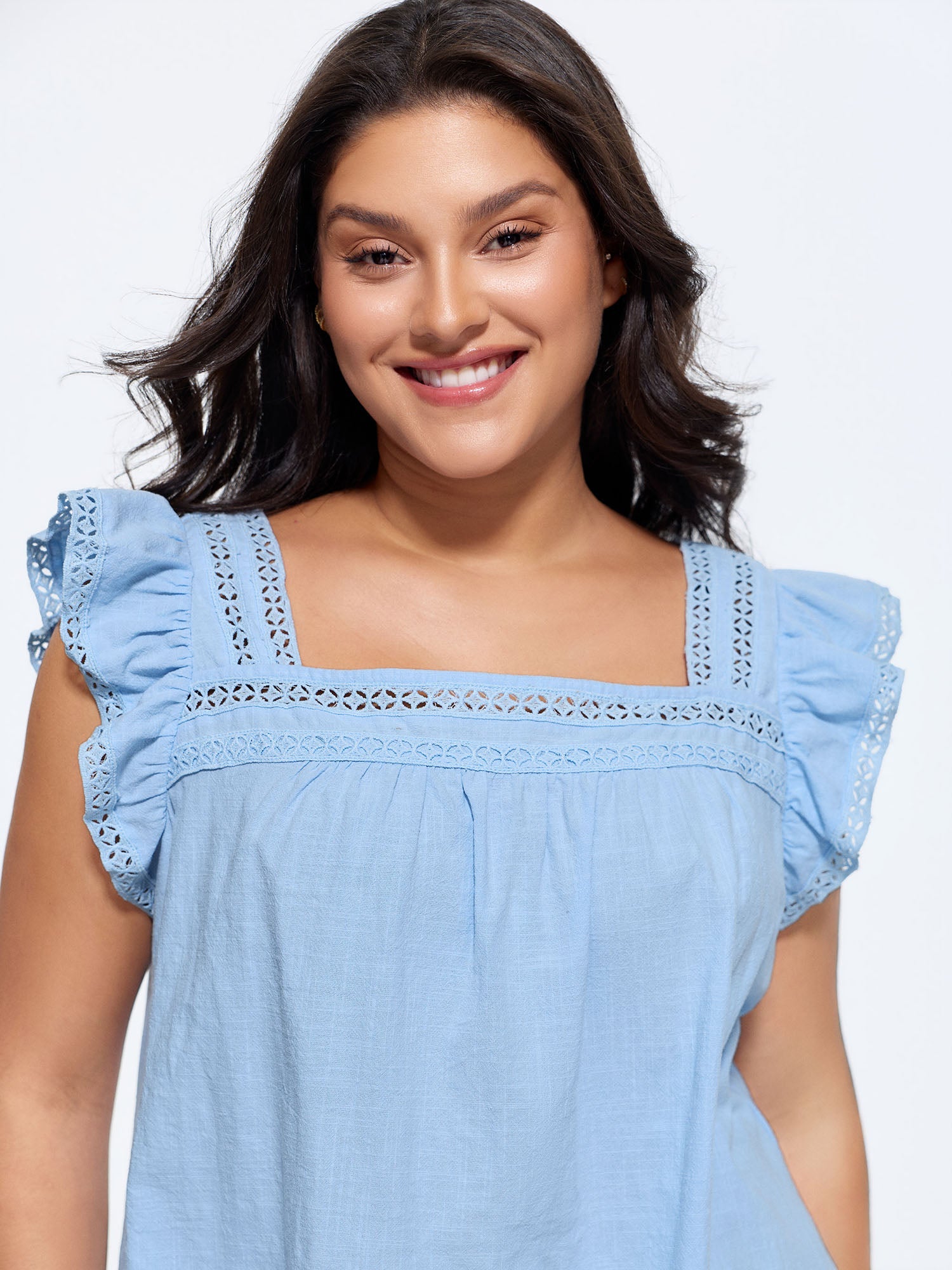 Cotton Ruffled Sleeve Lace Detail Top