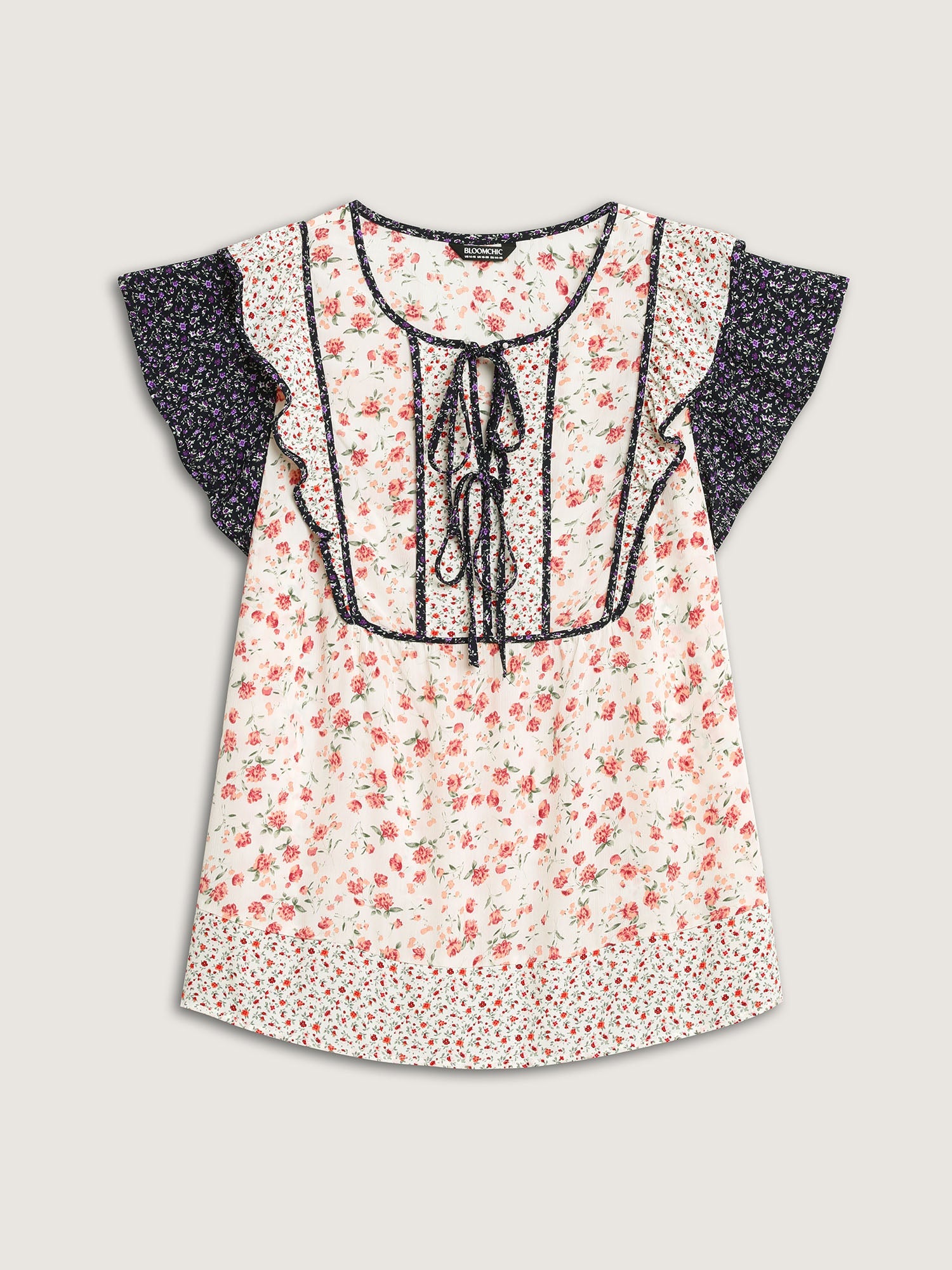 Floral Panel Ruffled Sleeve Blouse