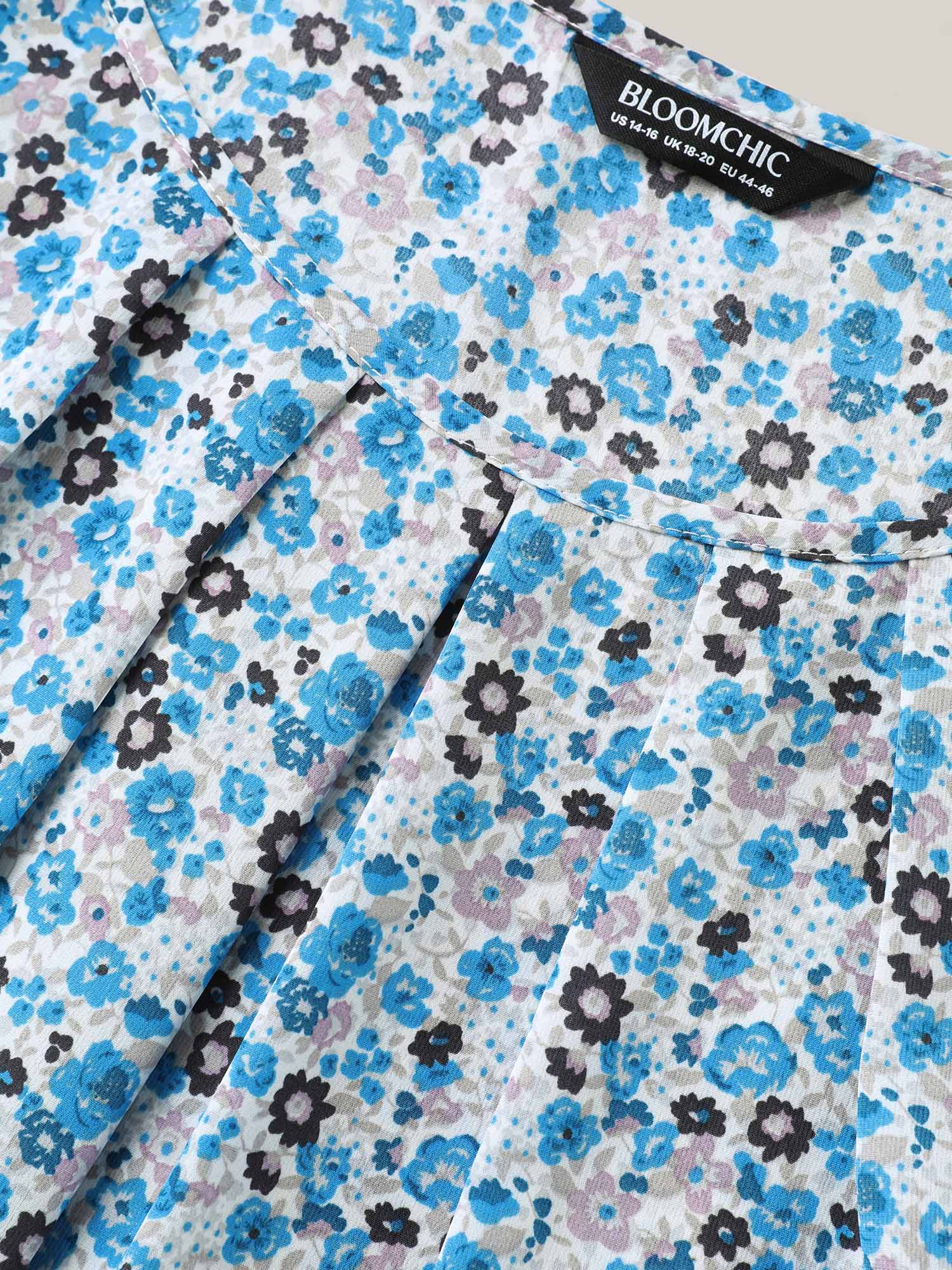 Floral Print Petal Sleeve Pleated Neck Blouse