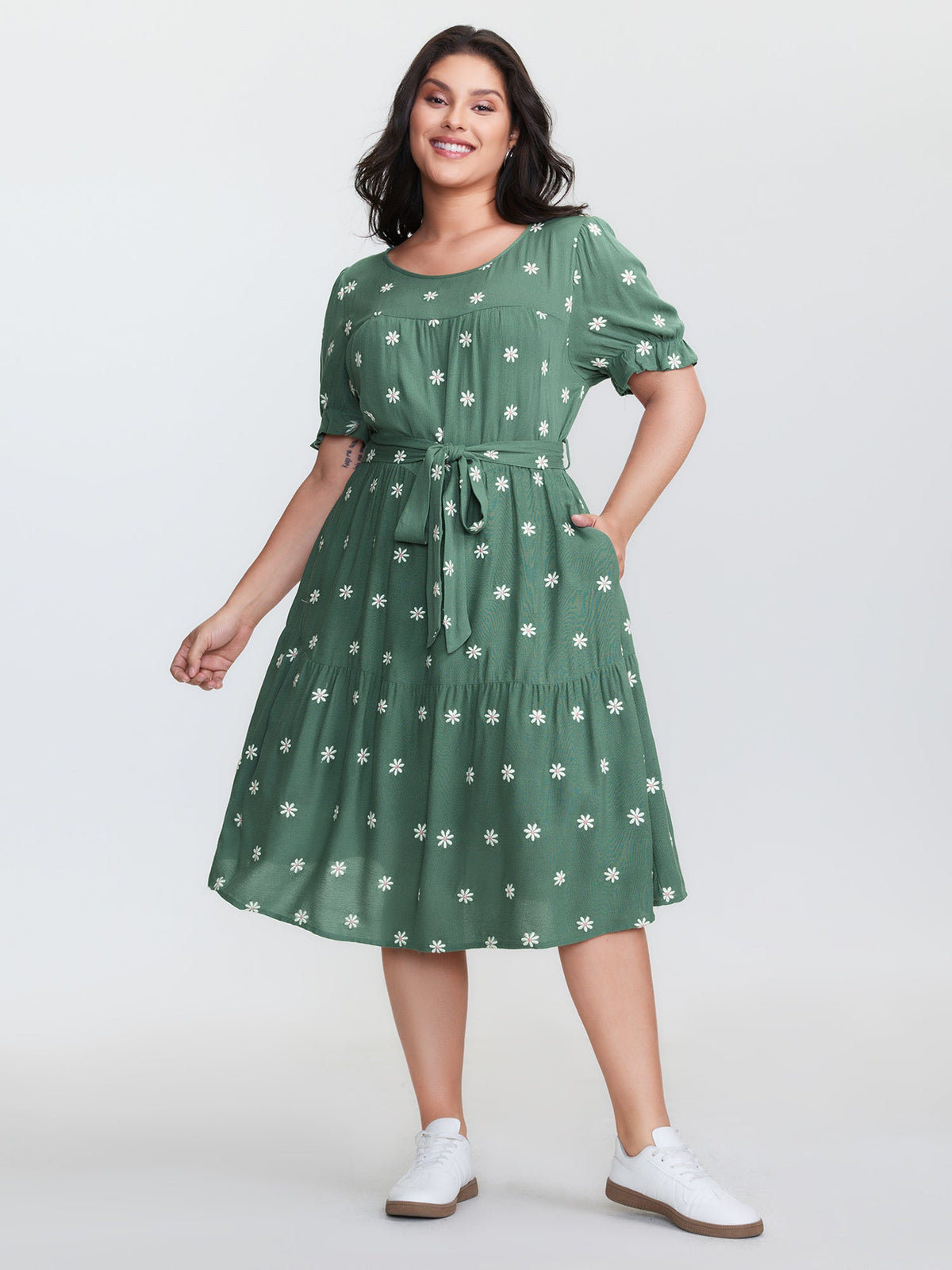 Supersoft Floral Embroidered Waist-Tie Mini Dress