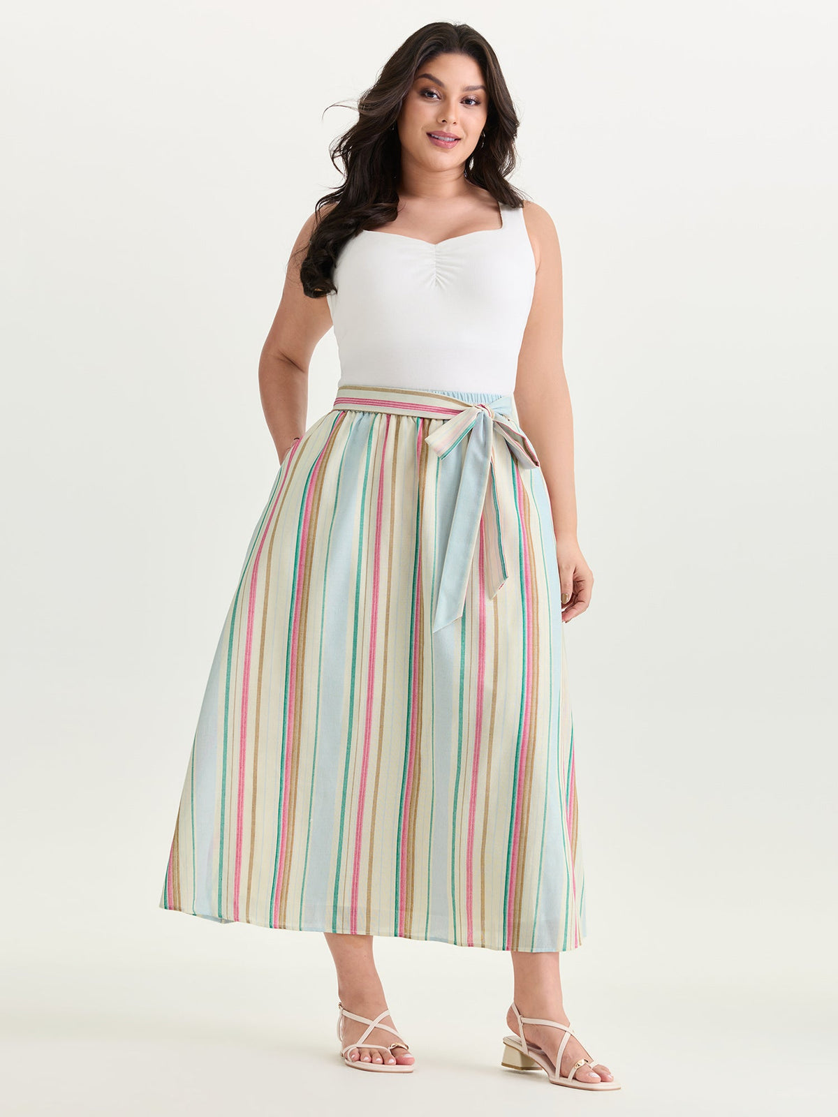 Cotton Striped Print Waist-Tie Maxi Skirt