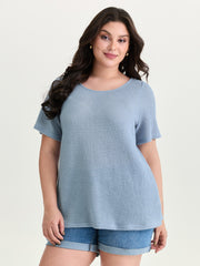 Stretchy Textured Round Neck Plain T-Shirt