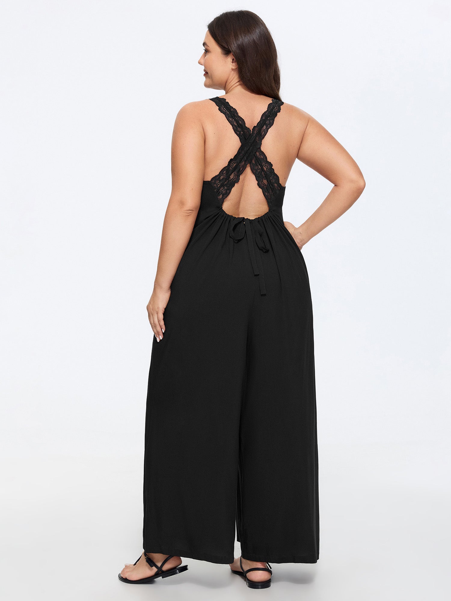 Solid Lace Cross Back Wide Leg Jumpsuit