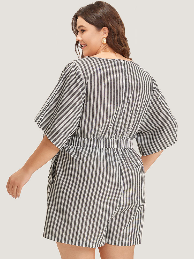 Striped Print Pocket Knot Flutter Sleeve Jumpsuit