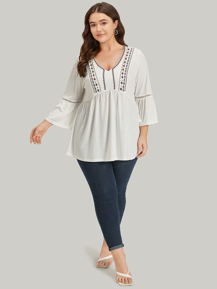 Boho Print Embroidered V Neck Gathered Bell Sleeve T-shirt