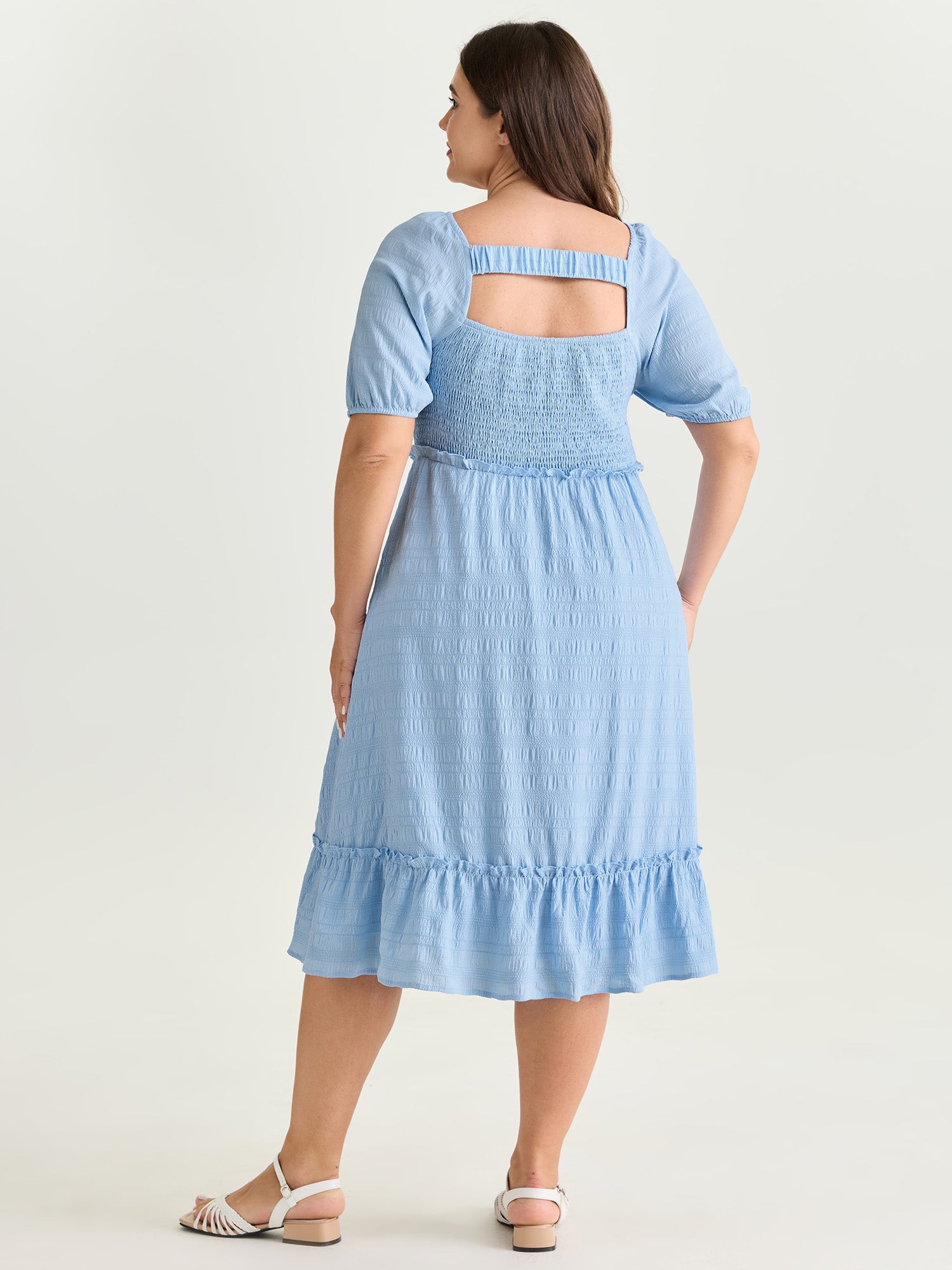 Shirred Open Back Ruffled Hem Midi Dress