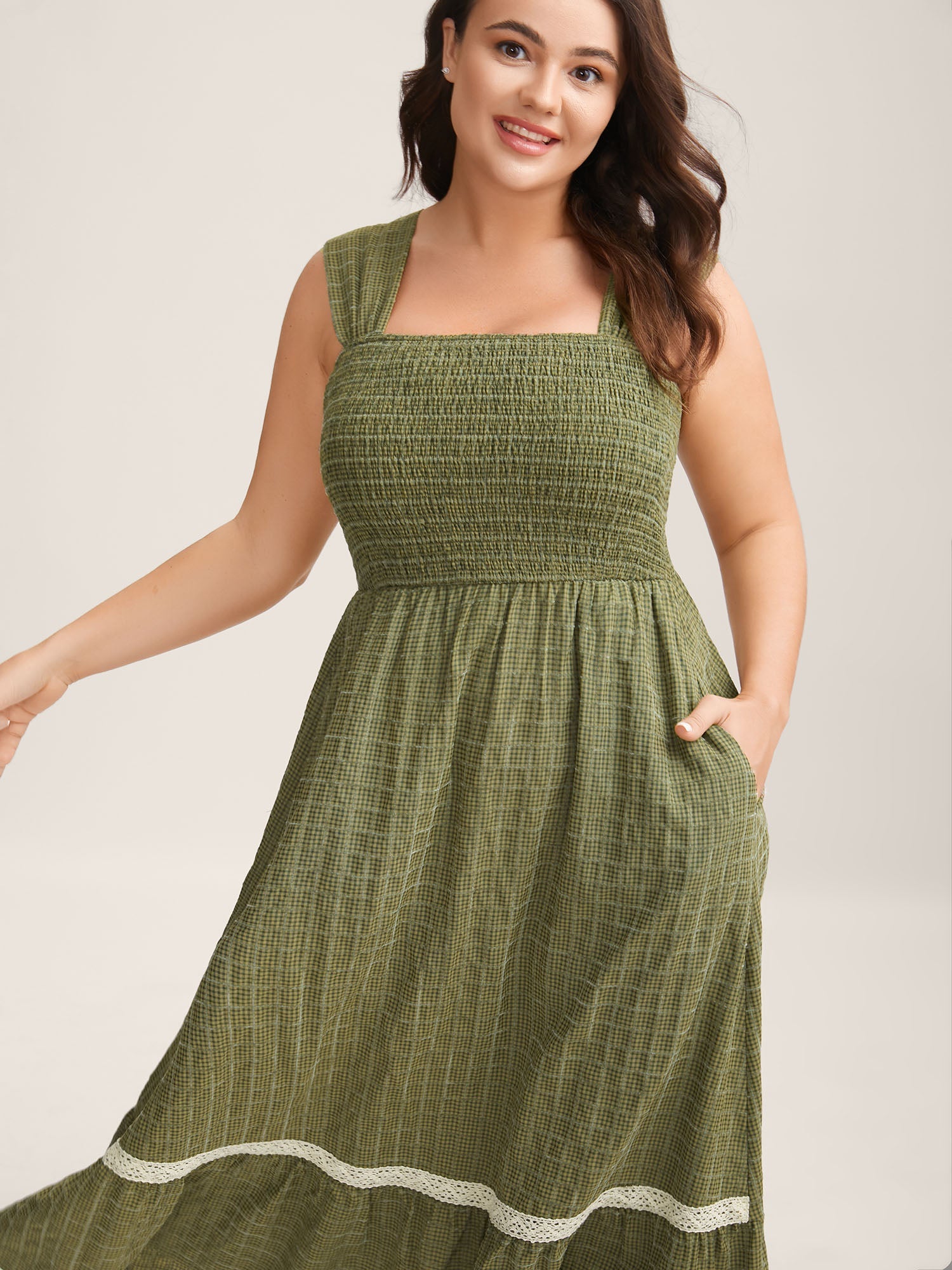Plaid Shirred Lace Trim Tiered Maxi Dress