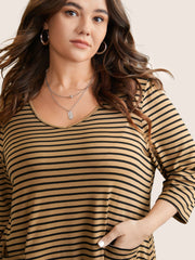 Striped Pocket Asymmetrical Split Hem Tunic T-shirt