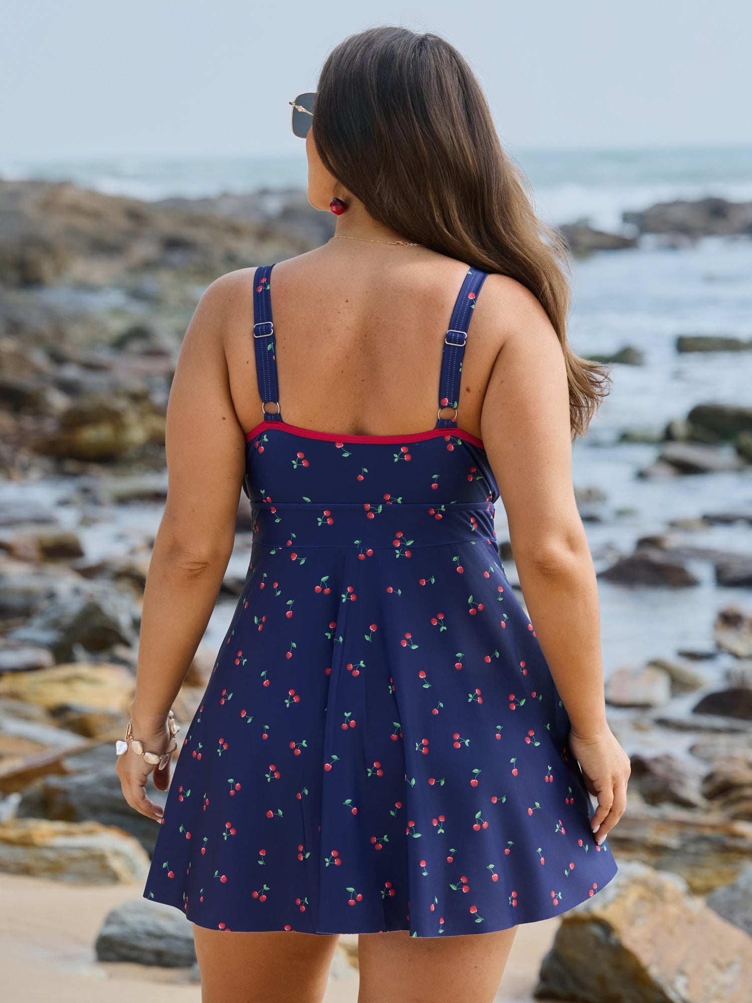 Cherry Print Belted Color Contrast Swim Dress