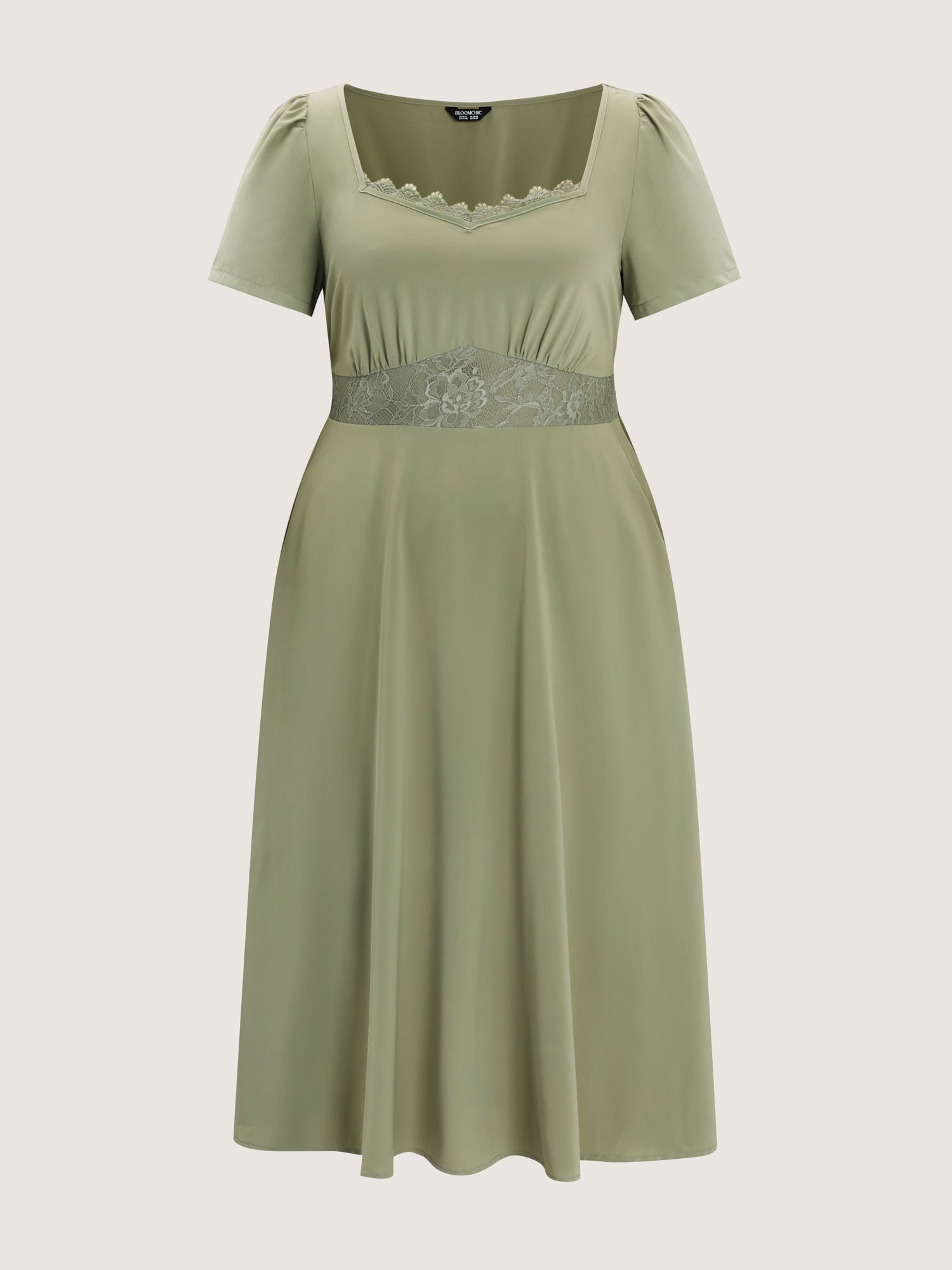 Satin Lace Neckline Cinched Waist Midi Dress
