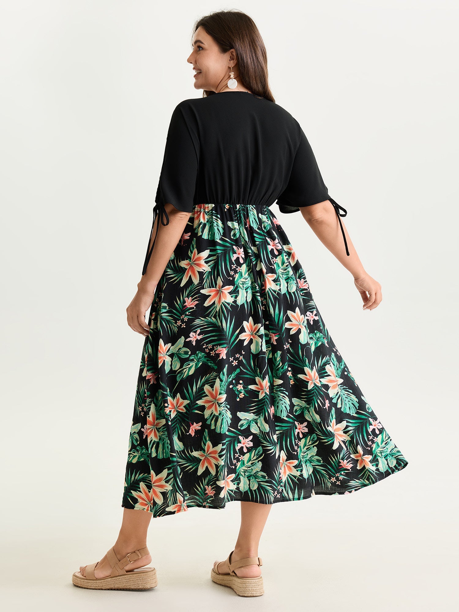 Tropical Floral Print Sleeve Tie Midi Dress