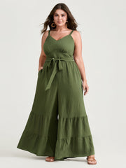 Stretchy Waist Ruffled Hem Pockets Jumpsuit