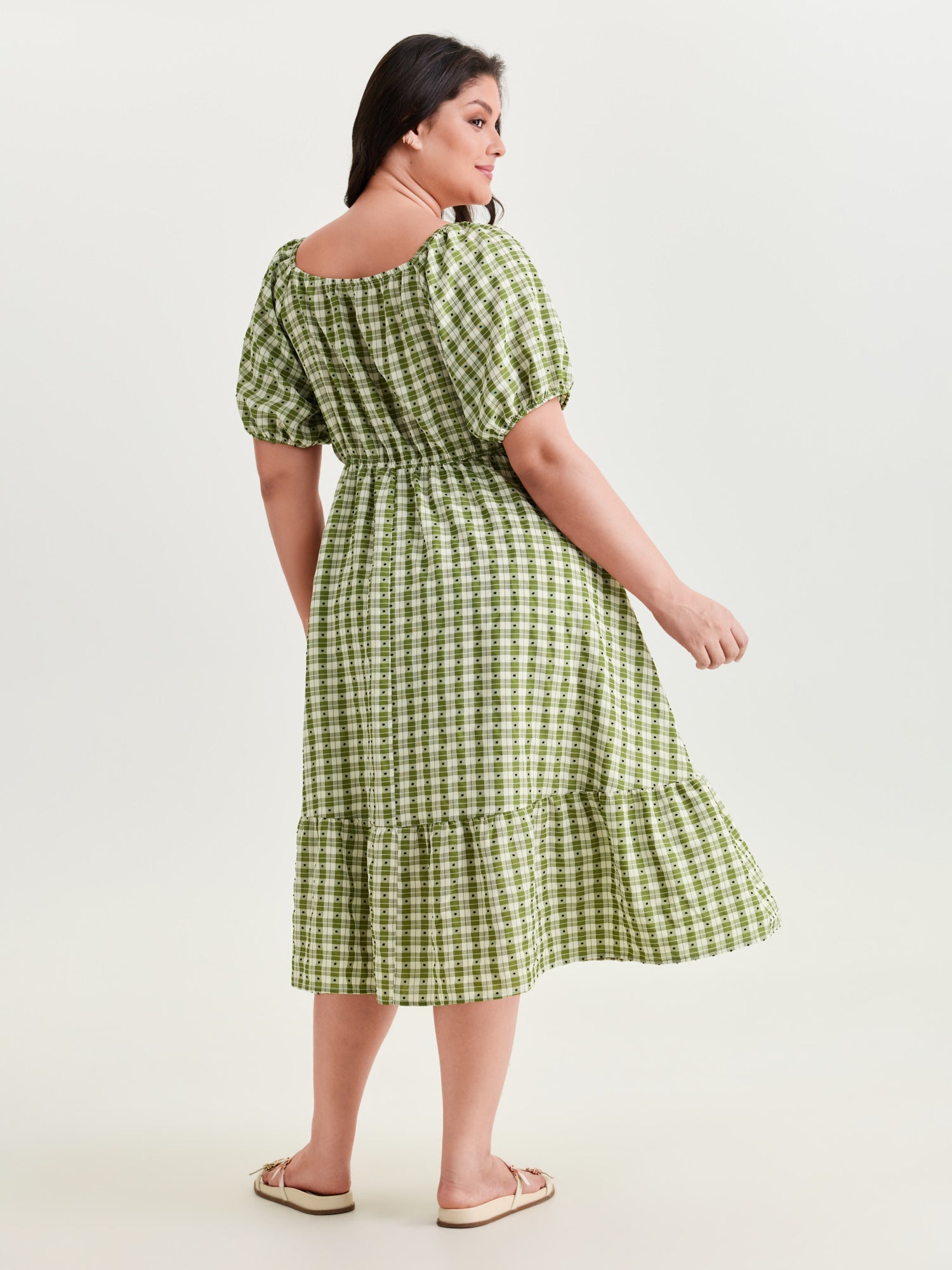Gingham Print Adjustable Drawstring Neckline Midi Dress
