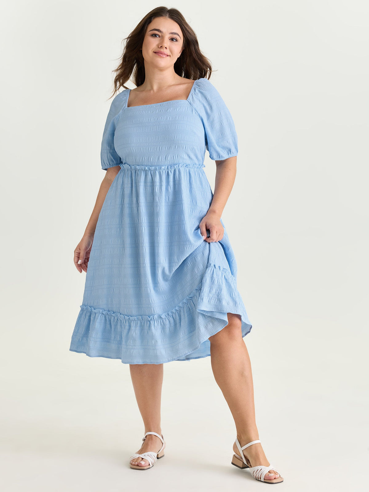 Shirred Open Back Ruffled Hem Midi Dress