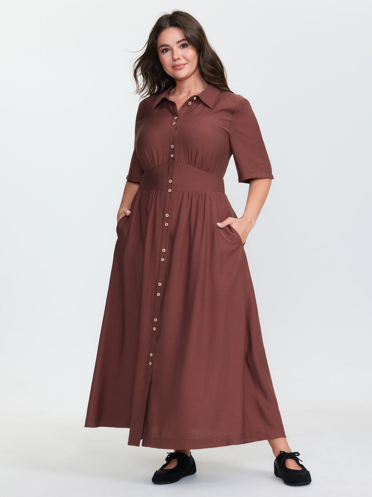 Triangular Waist Button Detail Shirred Maxi Dress