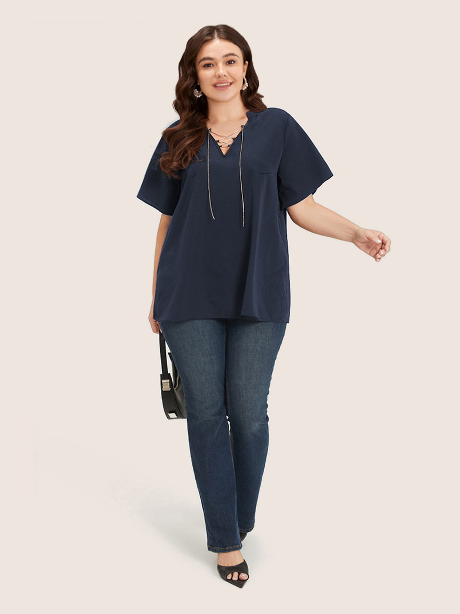 Solid Crisscross Notched Metal Decor Blouse