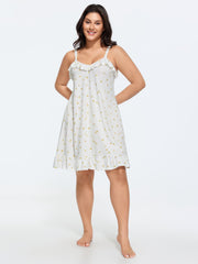 Supersoft Ruffled Neckline Floral Print Sleeveless Nightgown