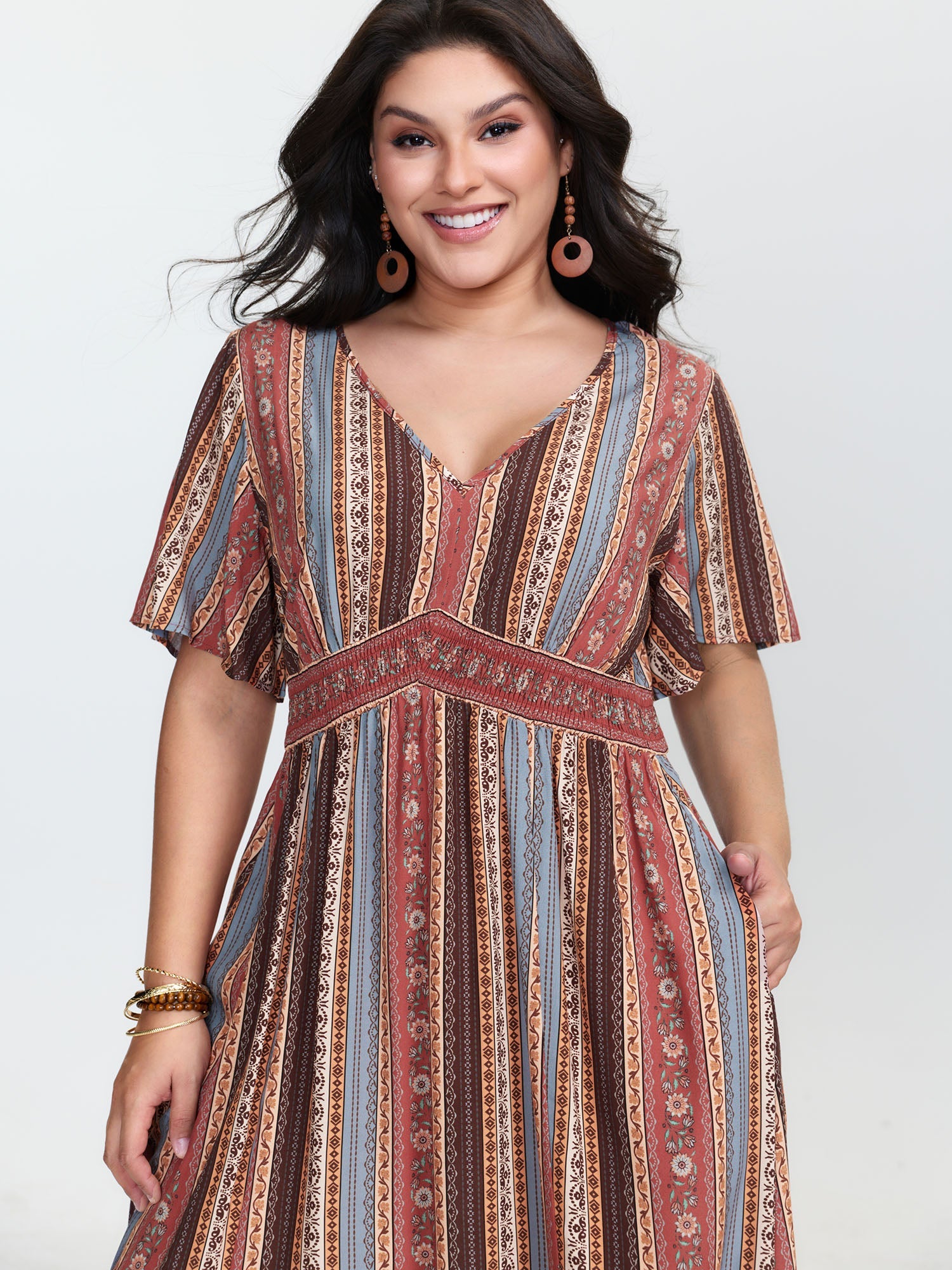 Boho Striped Print Cinched-Waist Maxi Dress