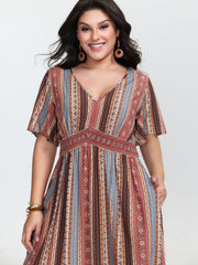 Boho Striped Print Cinched-Waist Maxi Dress