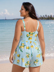 Lemon Striped Print Pockets Swim Romper