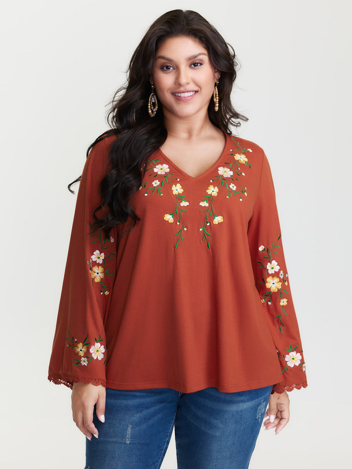 Floral Embroidered Lace Knit T-Shirt