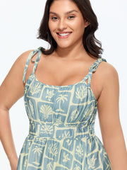 Ocean Print Shoulder-Tie Pleated Midi Dress