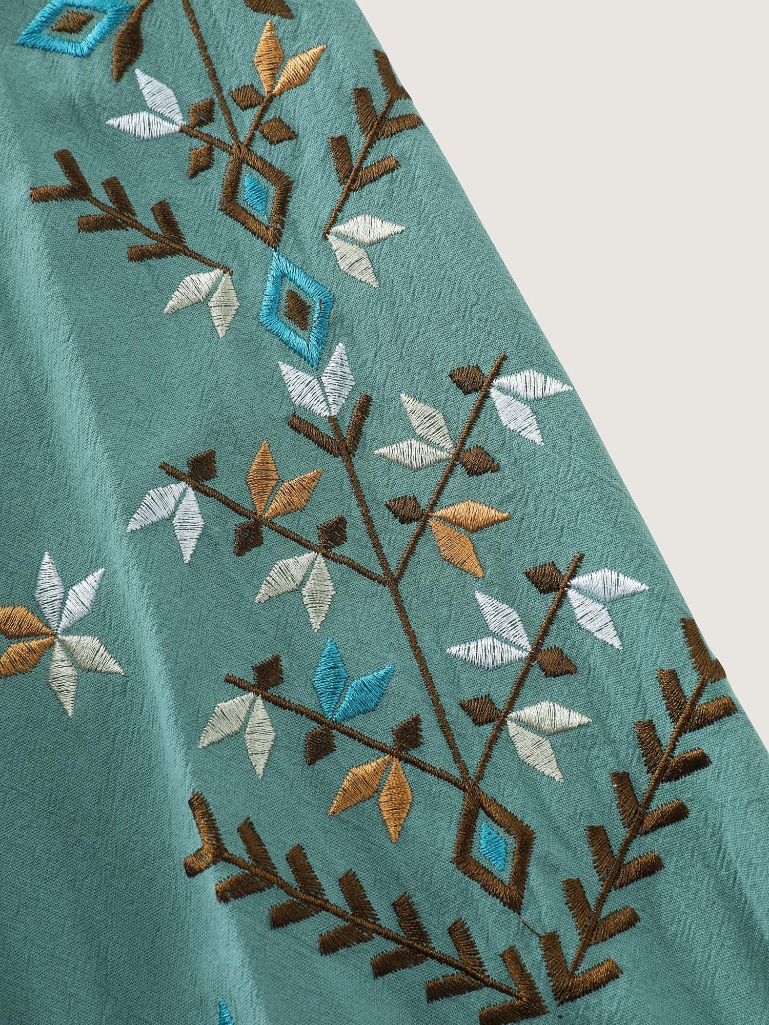 Cotton Floral Embroidered Sleeve Neckline Tie Blouse