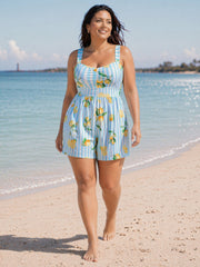 Lemon Striped Print Pockets Swim Romper