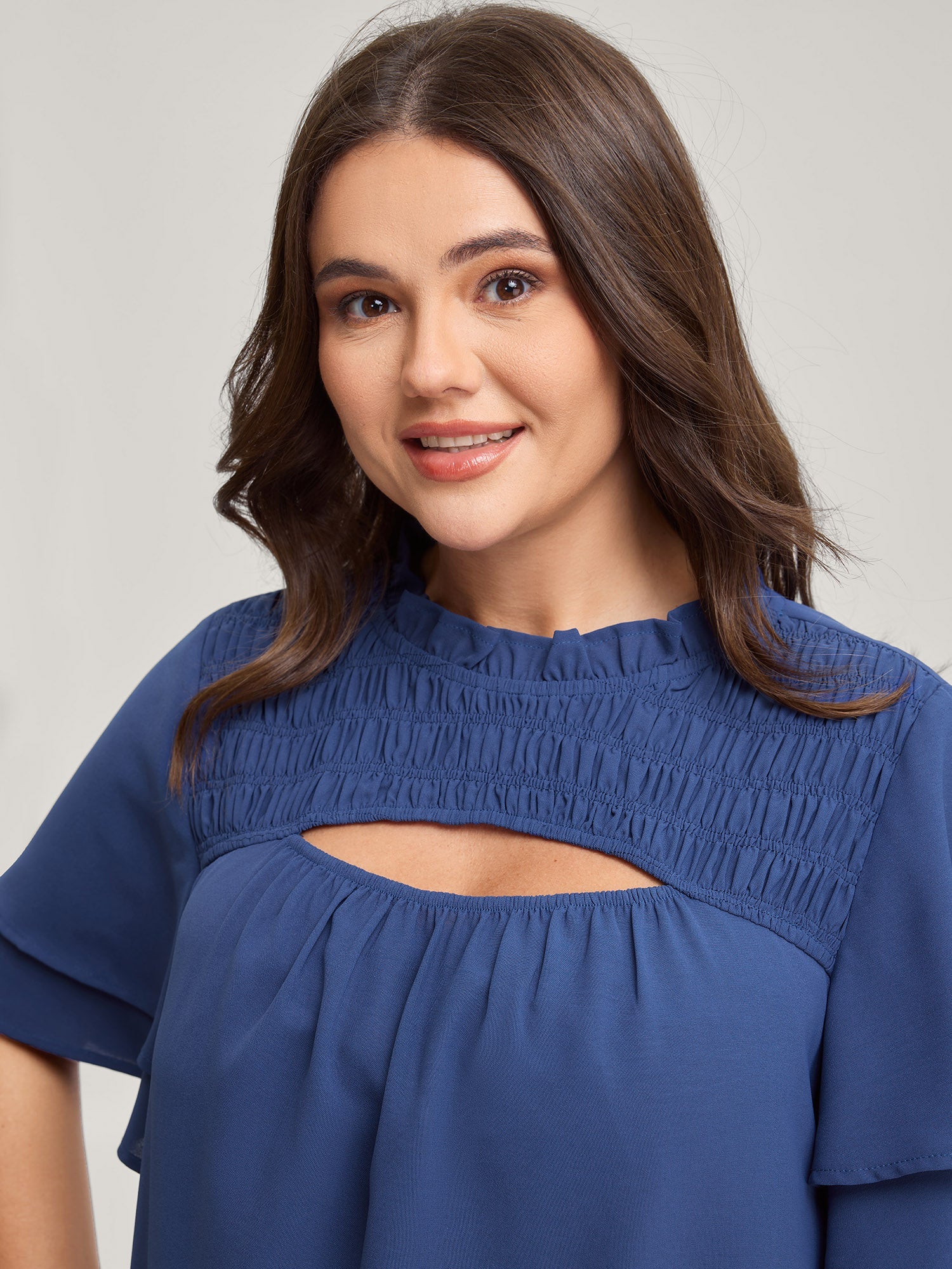 Shirred Cut-Out Neckline Layered Sleeve Blouse