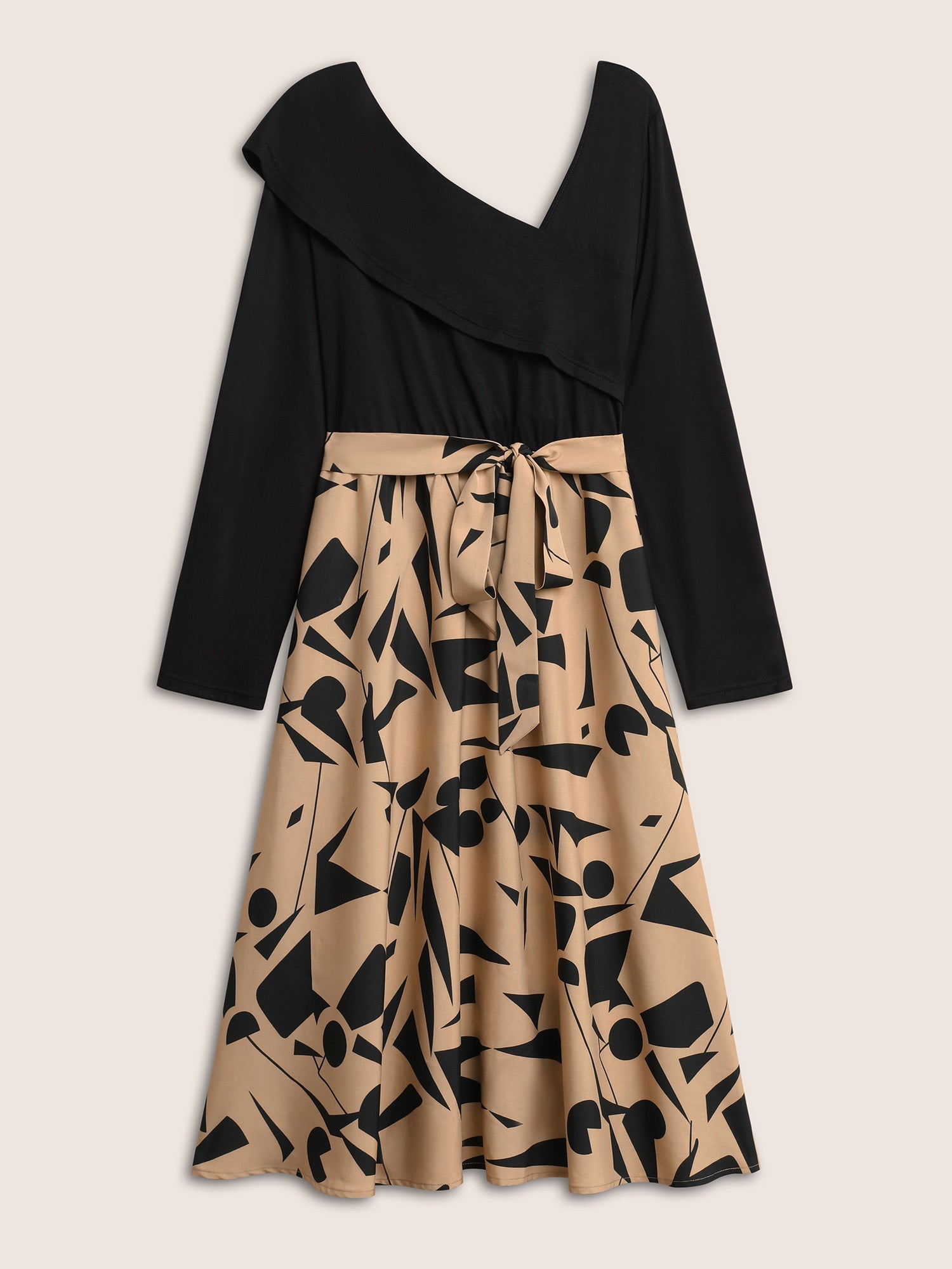 Geometric Contrast Patchwork Asymmetrical Neck Belted Dress