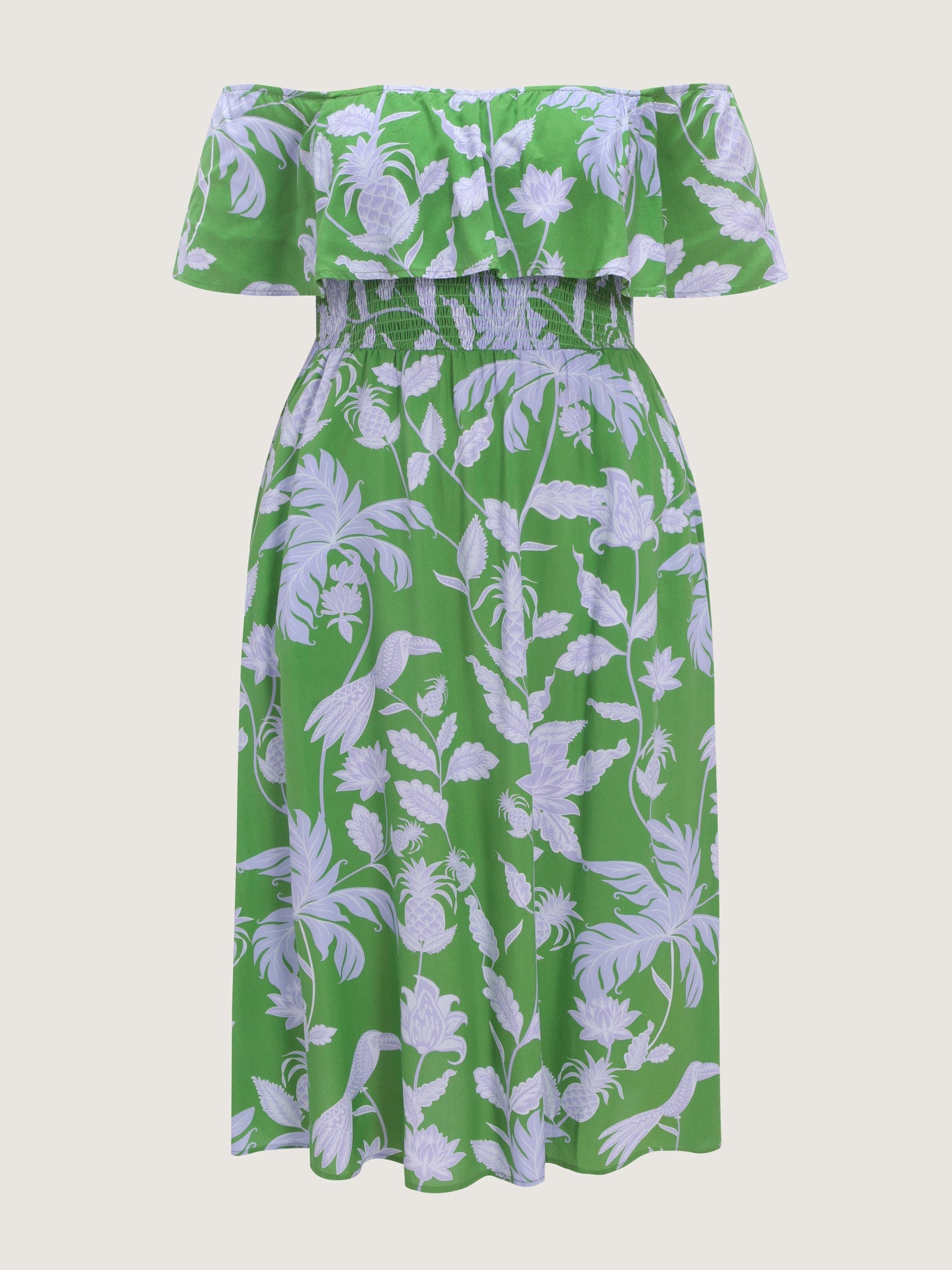 Floral Print Shirred Off-Shoulder Midi Dress