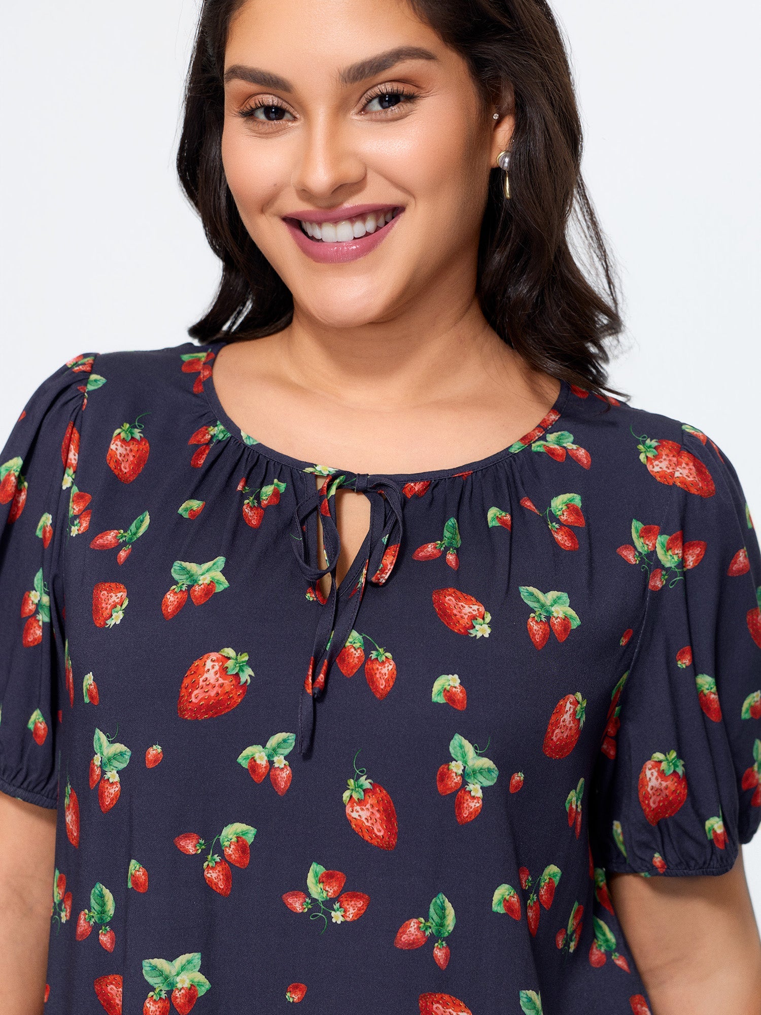 Strawberry Print V Neck Bubble Sleeve Blouse