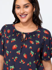 Strawberry Print V Neck Bubble Sleeve Blouse