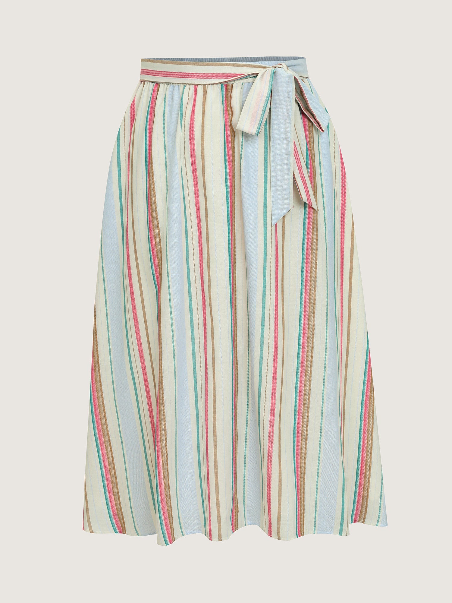 Cotton Striped Print Waist-Tie Maxi Skirt