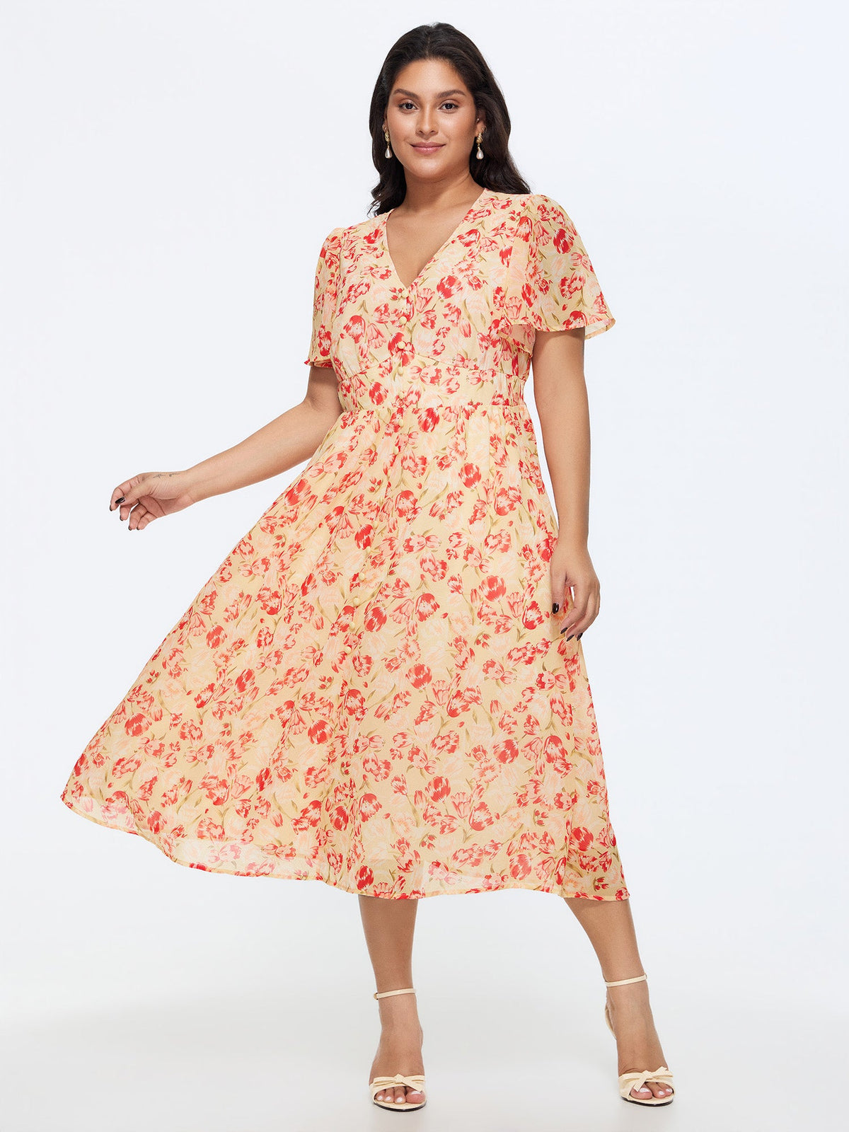 Floral Print Triangular Waist Shirred Midi Dress