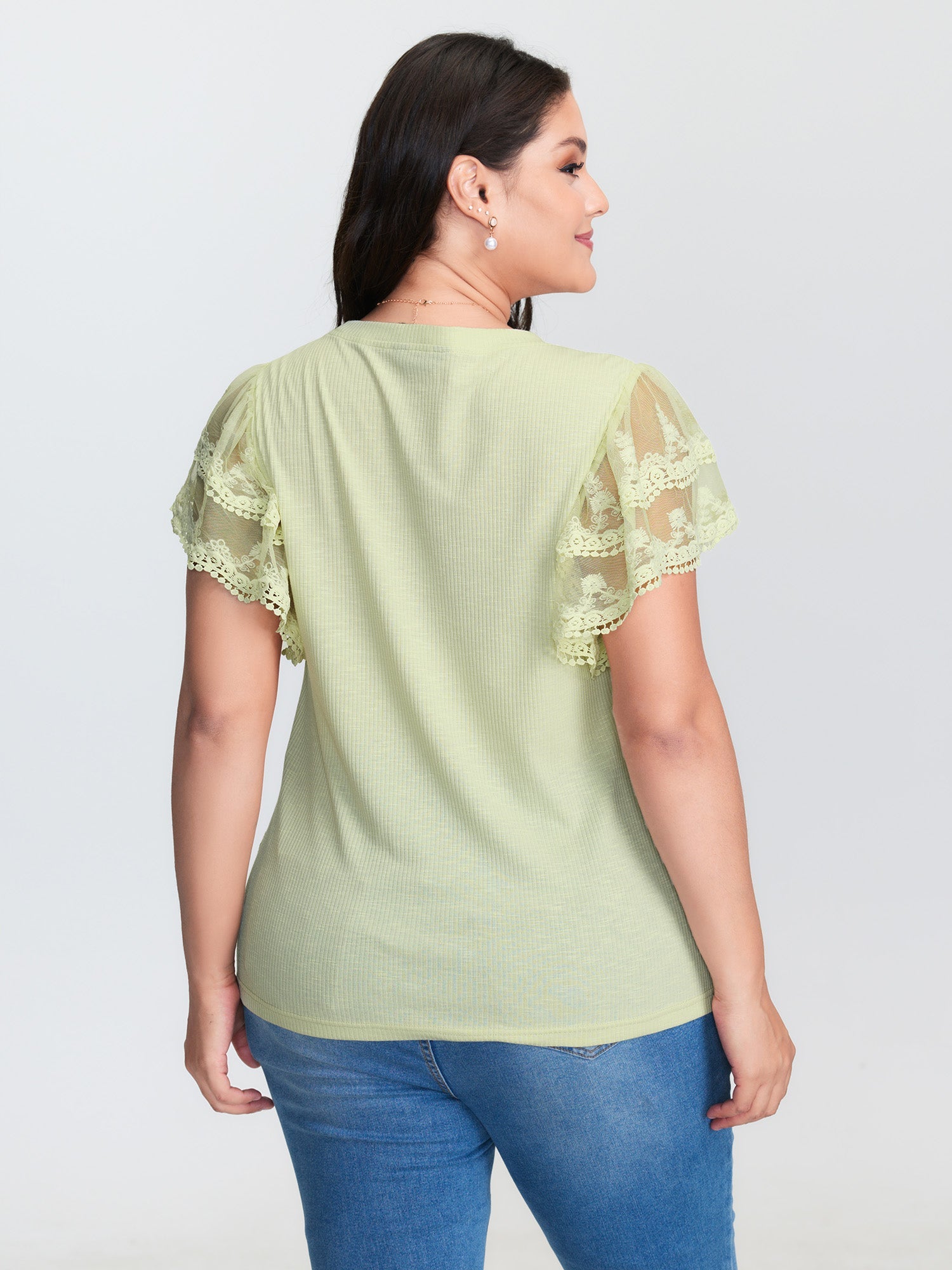 Sheer Lace Sleeve Plain T-Shirt
