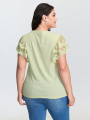 Sheer Lace Sleeve Plain T-Shirt
