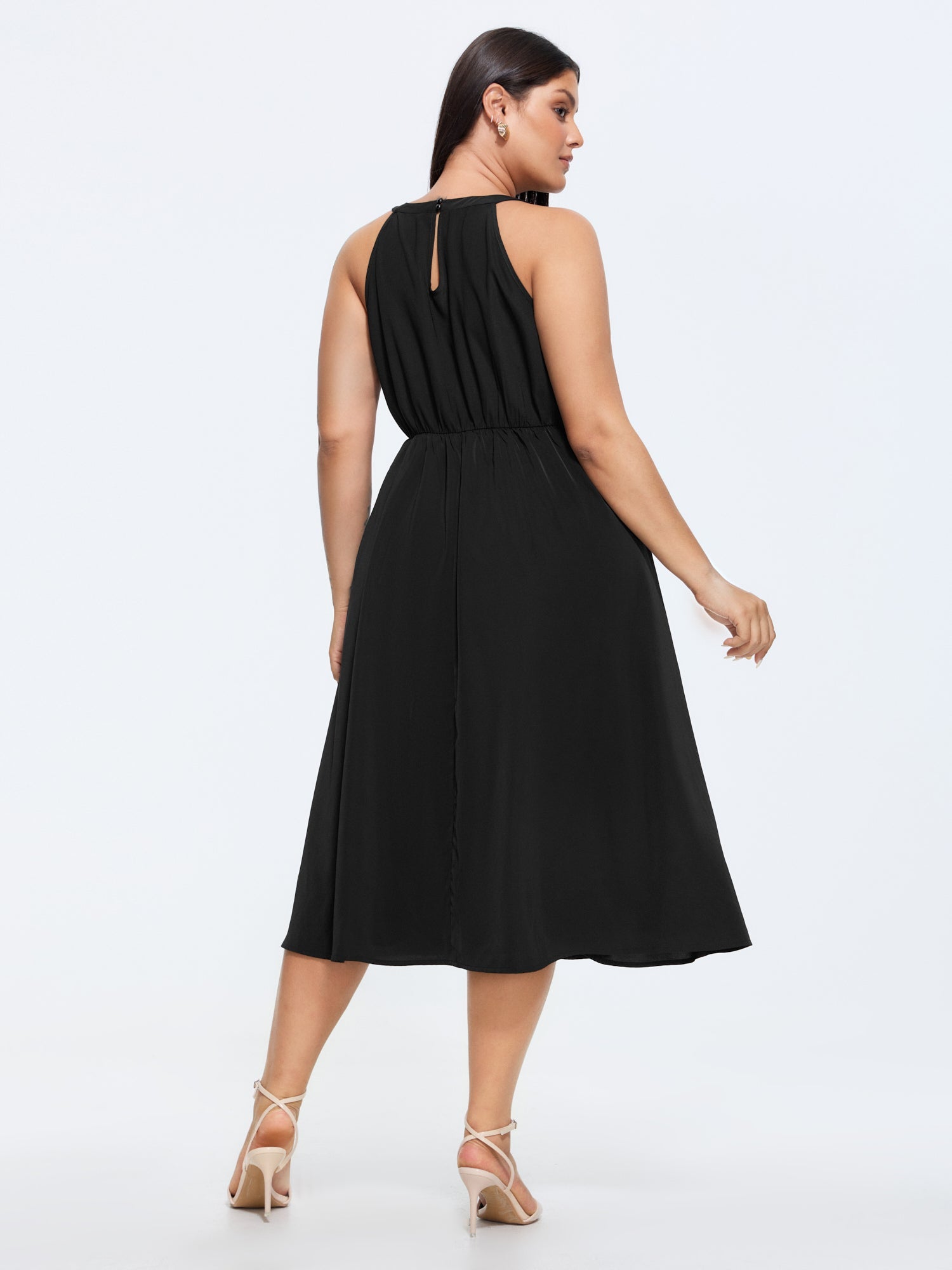 Halter Neckline Waist-Buckle Midi Dress