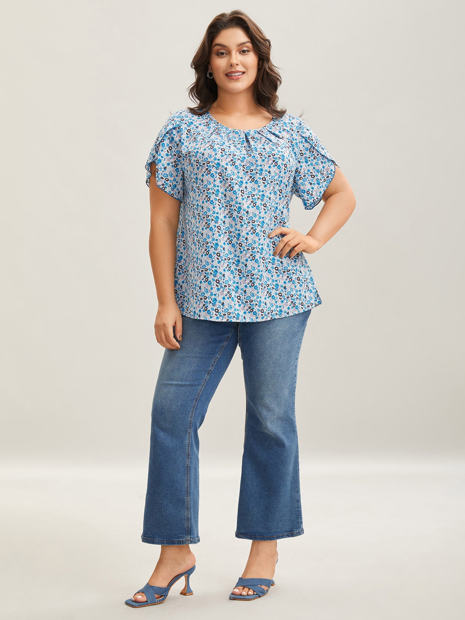 Floral Print Petal Sleeve Pleated Neck Blouse