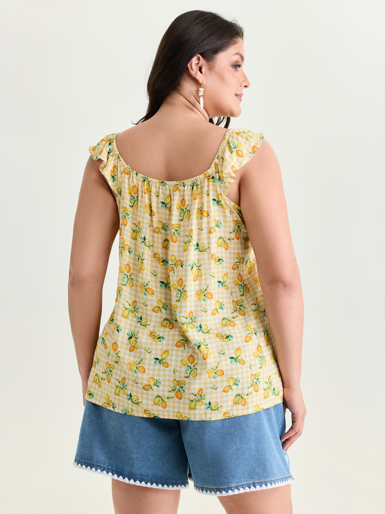 Supersoft Lemon Print Ruffled Sleeve Tank Top