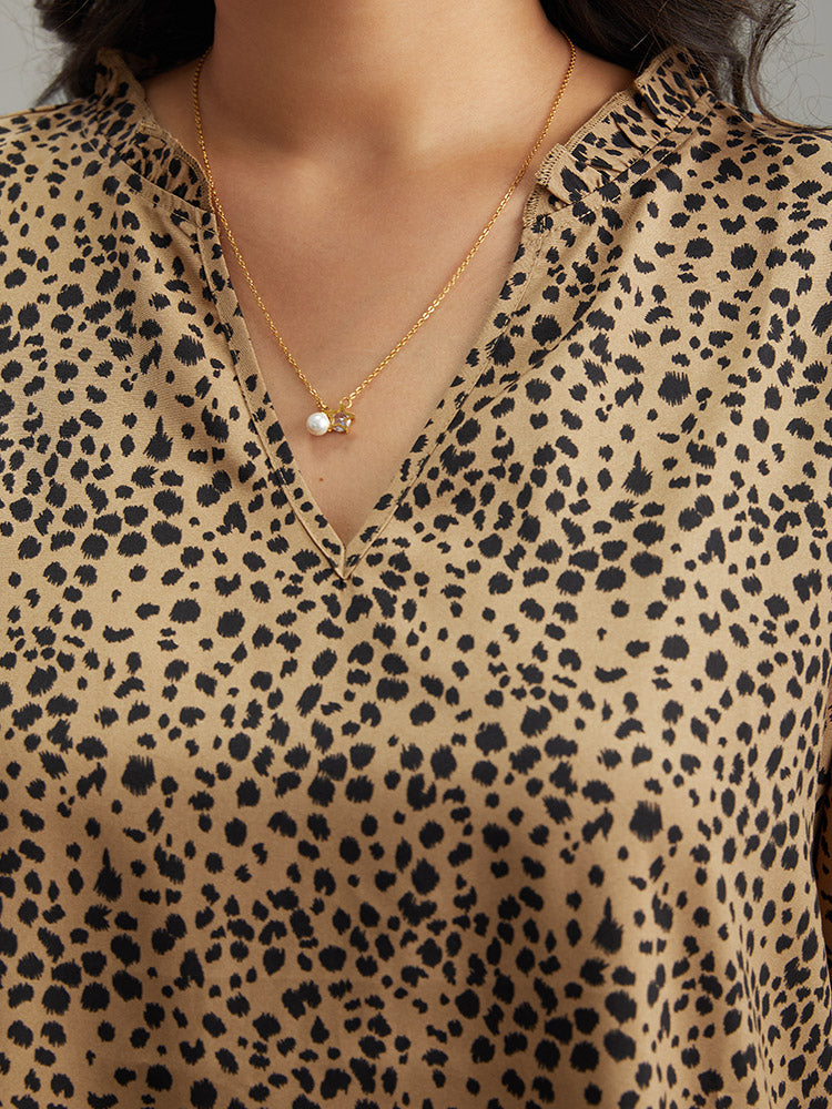 Leopard Shirred Notched Lantern Sleeve Blouse