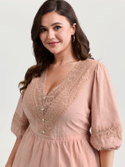 Cotton Lace V-Neckline Cinched-Flared Blouse
