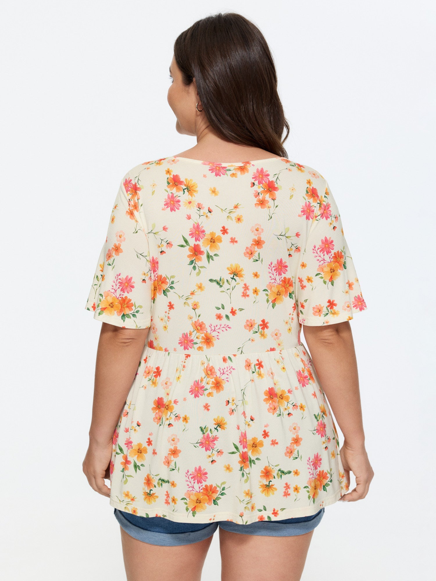 Stretchy Floral Print V-Neck Knit Top