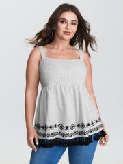 Cotton Linen Striped Embroidered Fringe Hem Tank Top