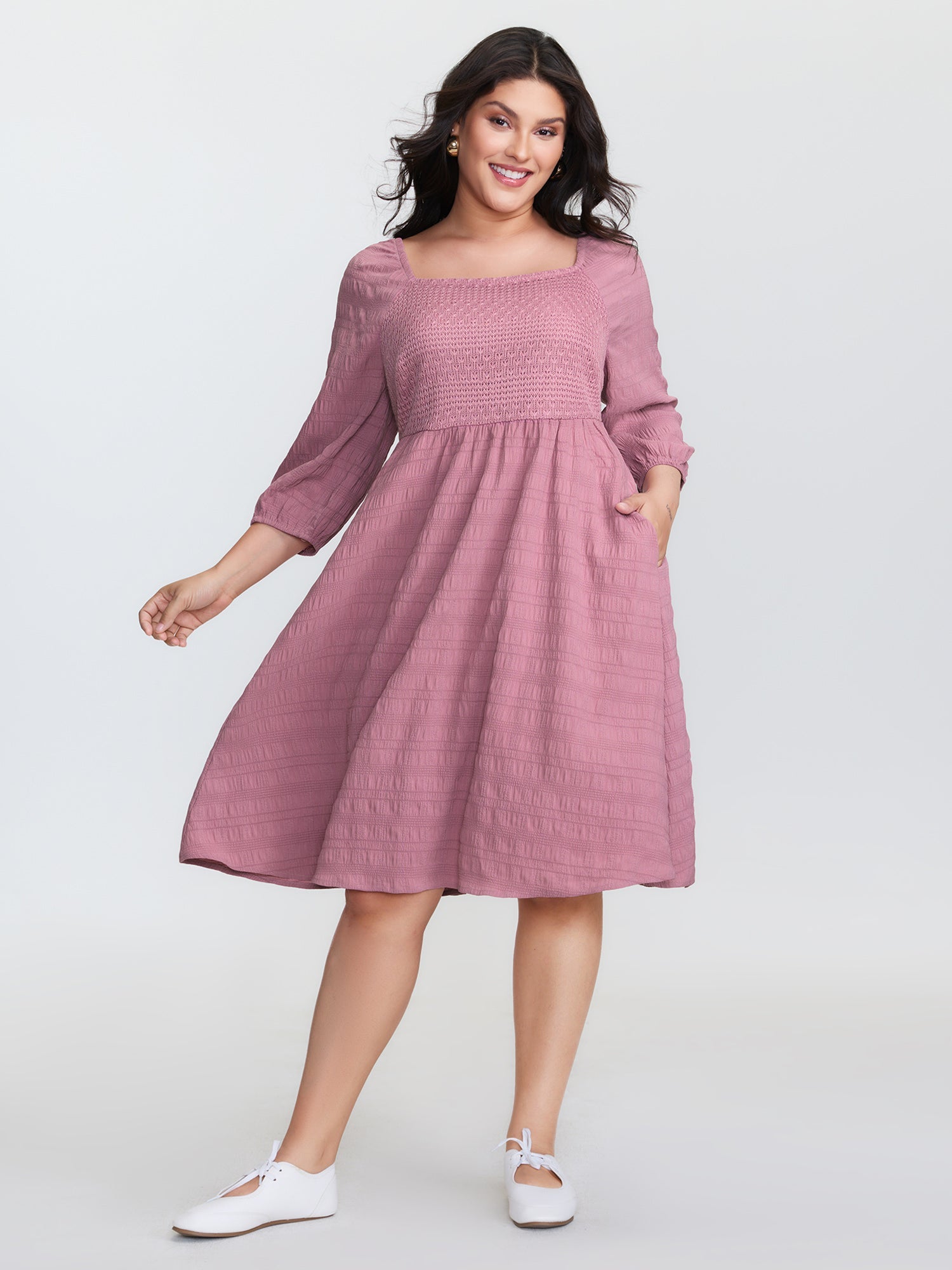 Textured Shirred Bodice Square Neckline Mini Dress