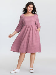 Textured Shirred Bodice Square Neckline Mini Dress