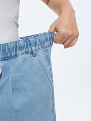 Elastic Waist Drawstring Straight-Leg Denim Shorts