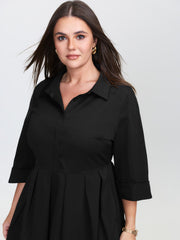 Pleated Placket Flowy Solid Color Midi Dress